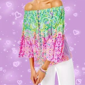 Lilly Pulitzer Nevie Top Multi Sunshine Vibes off the shoulder XL flowy top